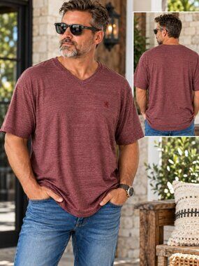 Men’s Burgundy V Neck Tee Rugby University Embroidered 3XL Cotton Blend